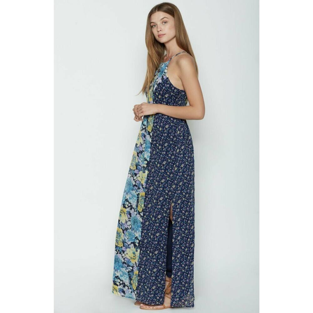 Joie Blue Yellow Floral Annati Silk Side Slit Keyhole Maxi Dress 4 NWT